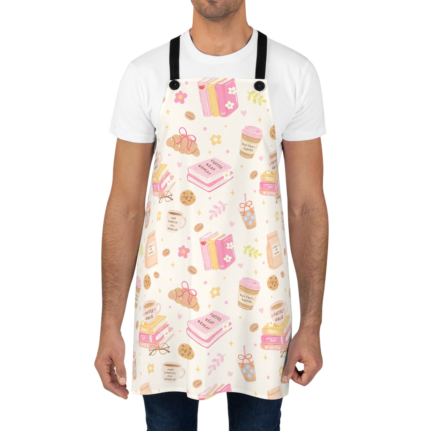Coffee and Books Apron | Cute Reading Pattern, Coffee Cup and Cookies Print