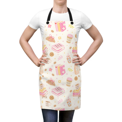 Coffee and Books Apron | Cute Reading Pattern, Coffee Cup and Cookies Print