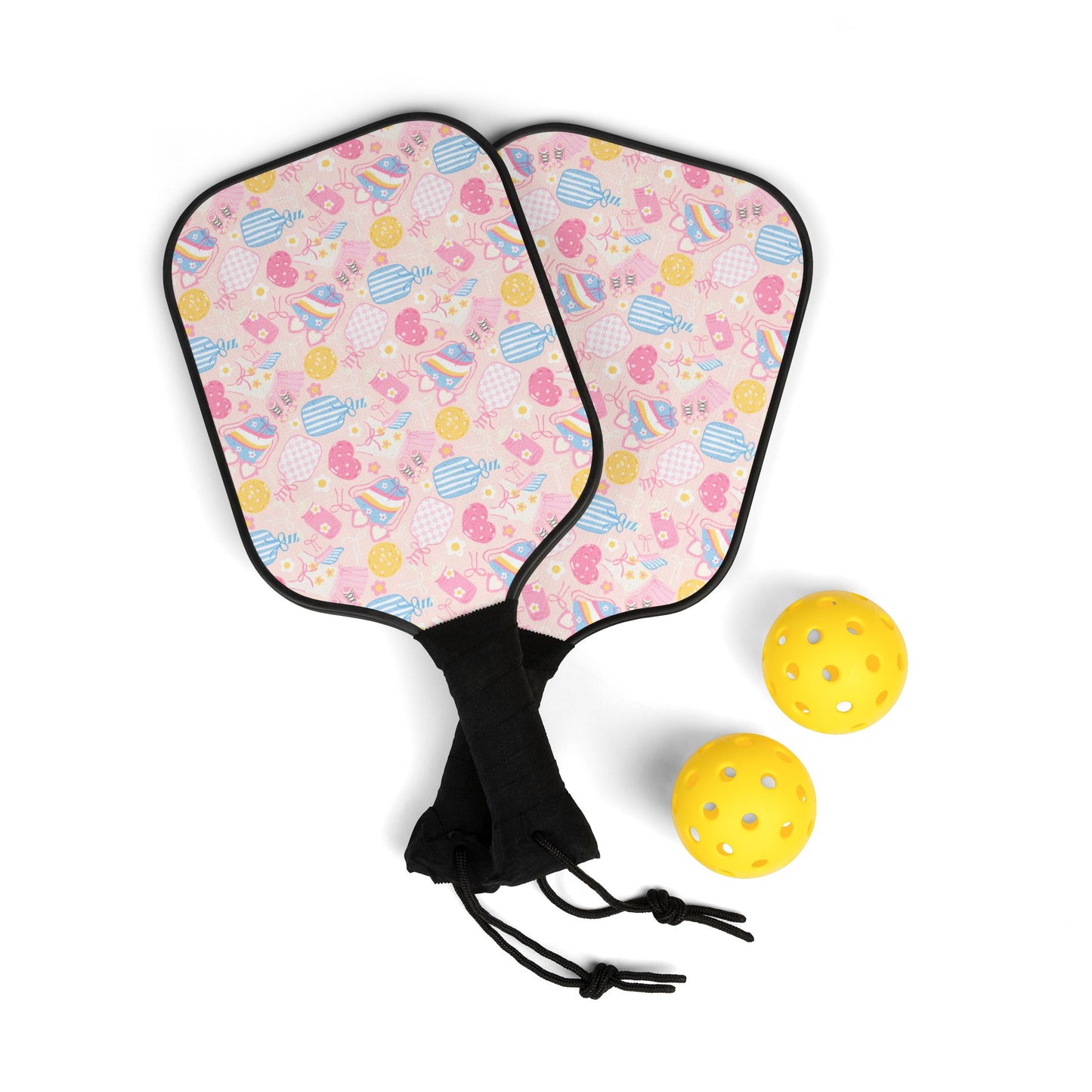 Pickleball Paddle Set — Pastel Hearts & Rackets Design