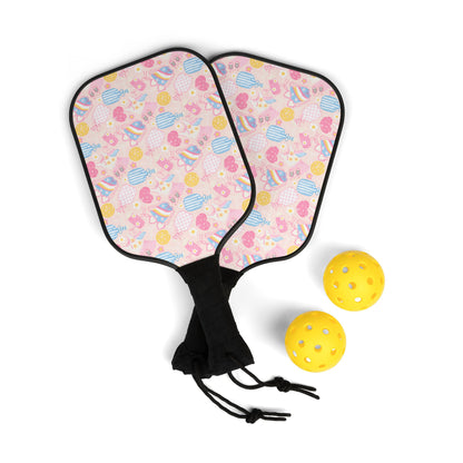 Pickleball Paddle Set — Pastel Hearts & Rackets Design