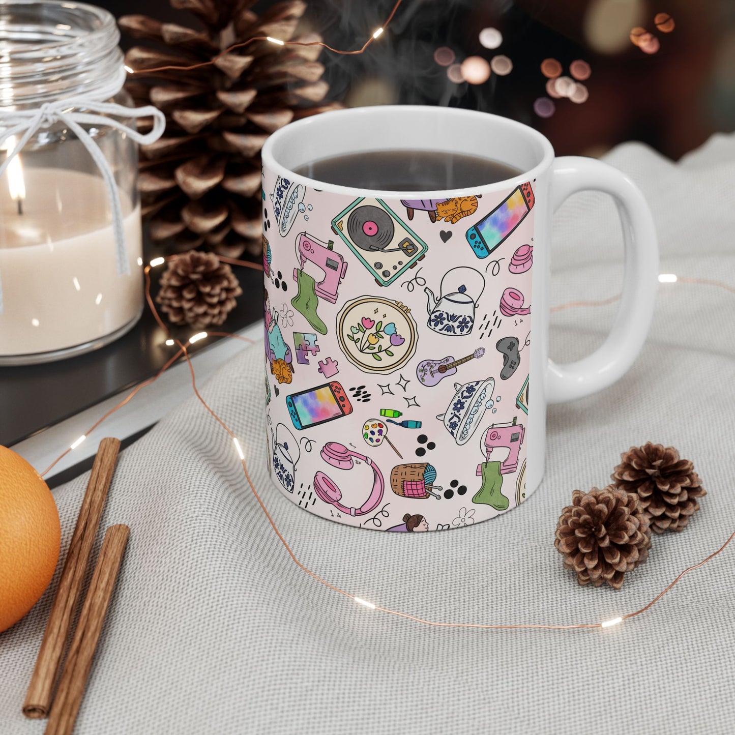 Cozy Hobbies Pattern Ceramic Mug | 11oz 15oz
