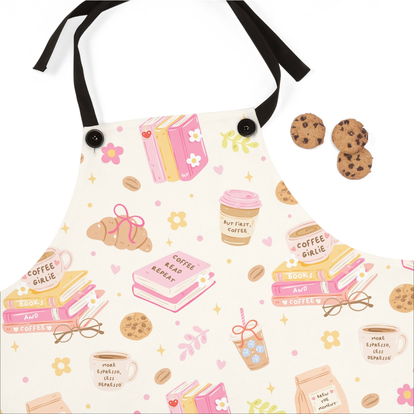 Coffee and Books Apron | Cute Reading Pattern, Coffee Cup and Cookies Print