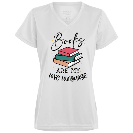 Books Are My Love Language Ladies’ Moisture-Wicking V-Neck Tee